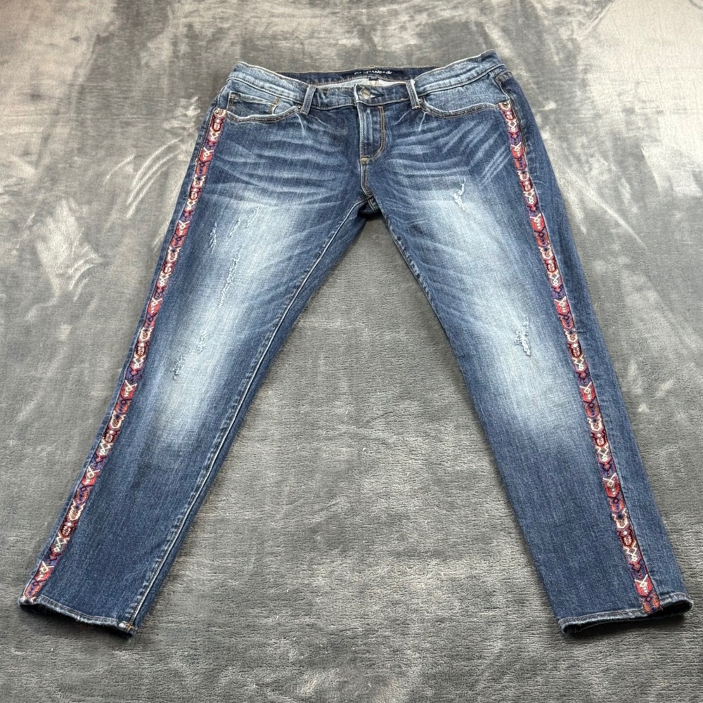 Driftwood Embroidered Side Stripe Skinny Jeans Blue Denim Size 30 Distressed